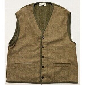 Vintage Orvis Men’s L Thornproof Tweed Wool Vest Olive Plaid Sporting Traditions